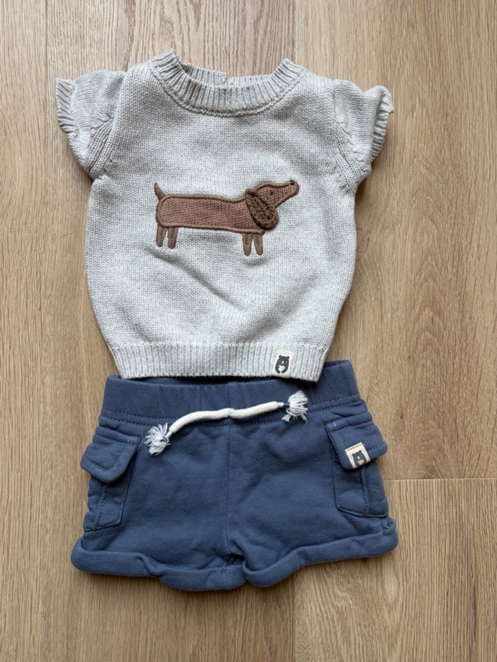 Rabbit + Bear - Adorable Baby Knit Puppy Sweater & Navy Shorts Set 0-3 Months